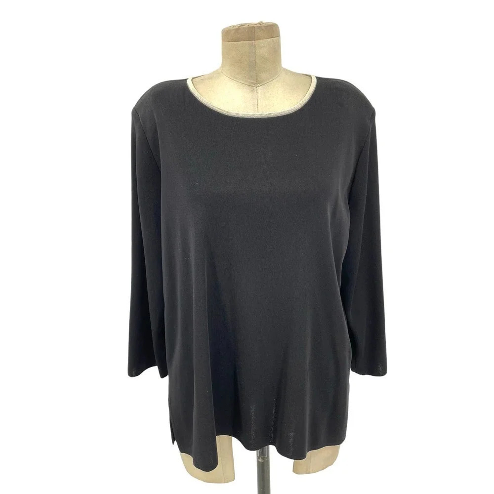 Exclusively Misook Black Ivory Piping Trim 3/4 Sleeve Sweater Plus Size‎ 1X